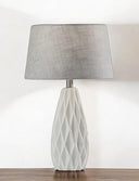 Close-up of ceramic bedside lamp base and sleek white finish