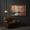 Autumn Light Forest original acrylic painting displayed as a framed print in a sophisticated reading room