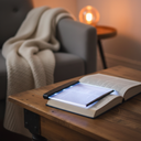 Flat LED book light panel laying on an open book page glowing with soft light in a cozy reading setting