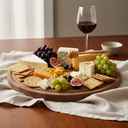 Härthwood walnut charcuterie board styled with artisan cheeses, grapes, figs and crackers on a linen tablecloth