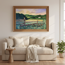 Golden Hour Farm original acrylic landscape painting displayed as a framed print in a styled living room