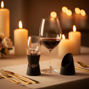 Wine Aerator by the Glass resting on the rim of a crystal wine glass at an intimate candlelit dinner table