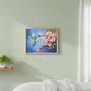 Hummingbird Bloom original acrylic painting displayed as a framed print in a bright airy bedroom