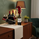 Wine bottle being poured into a glass on a wooden cabinet with a lamp and chair in the background.