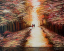 Autumn Walk — original acrylic painting by Vin Rouge showing two figures walking a luminous autumn path lined with rich burgundy and amber trees